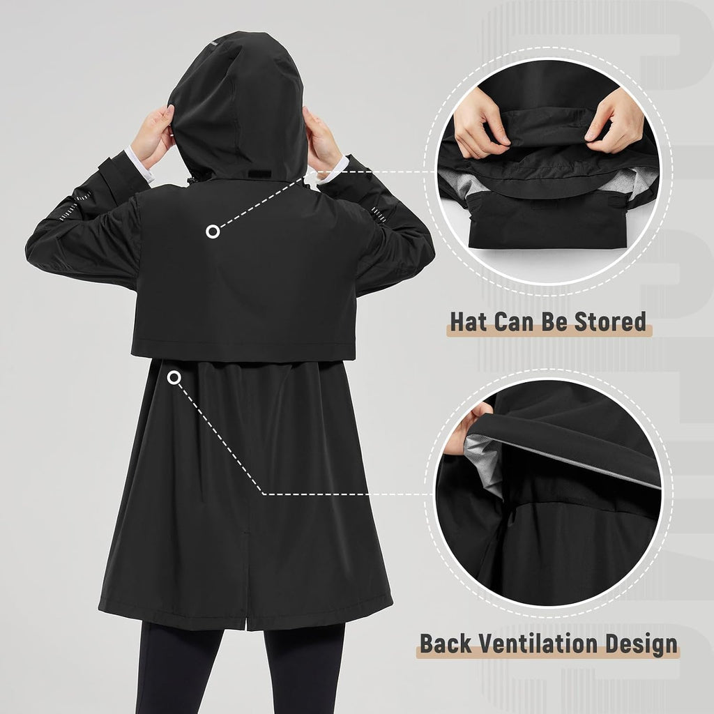 Baleaf Women'S Long Rain Coat Lightweight Packable Rain Jacket With Hood | Waterproof Windbreaker Rain Coat Adjustable Waist, Rain Jacket Women With 2 Deep Secure Zip Pockets