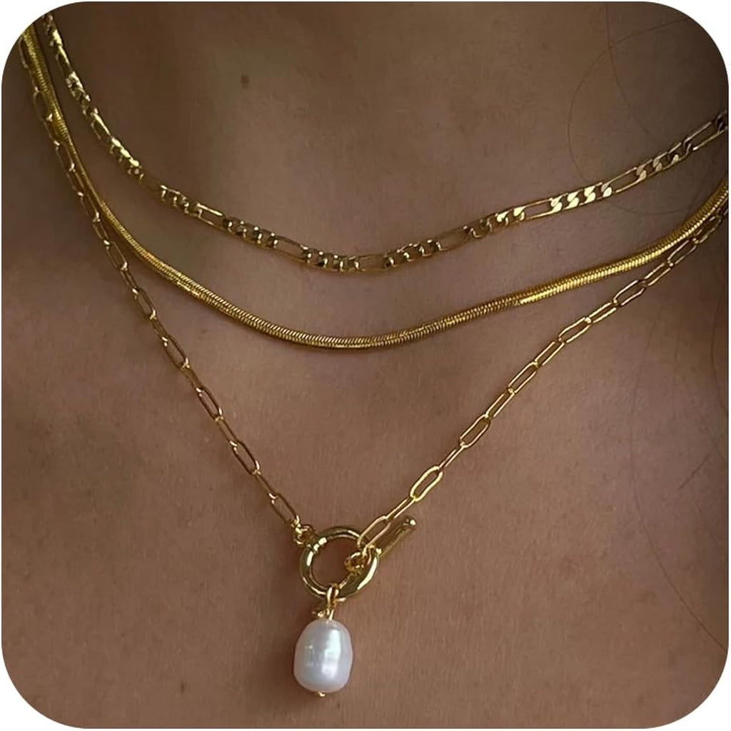 Layered Gold Necklaces for Women, Dainty 14K Gold Plated Cute Pearl Pendant Necklace Jewelry Set Stackable Toggle Chain Choker Collar, Trendy Waterproof Non Tarnish Jewelry Gift