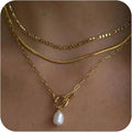 Layered Gold Necklaces for Women, Dainty 14K Gold Plated Cute Pearl Pendant Necklace Jewelry Set Stackable Toggle Chain Choker Collar, Trendy Waterproof Non Tarnish Jewelry Gift