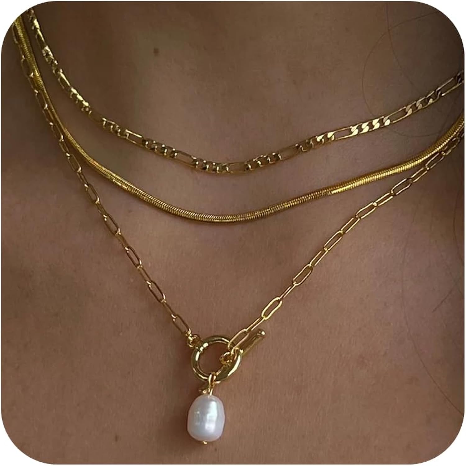 Layered Gold Necklaces for Women, Dainty 14K Gold Plated Cute Pearl Pendant Necklace Jewelry Set Stackable Toggle Chain Choker Collar, Trendy Waterproof Non Tarnish Jewelry Gift