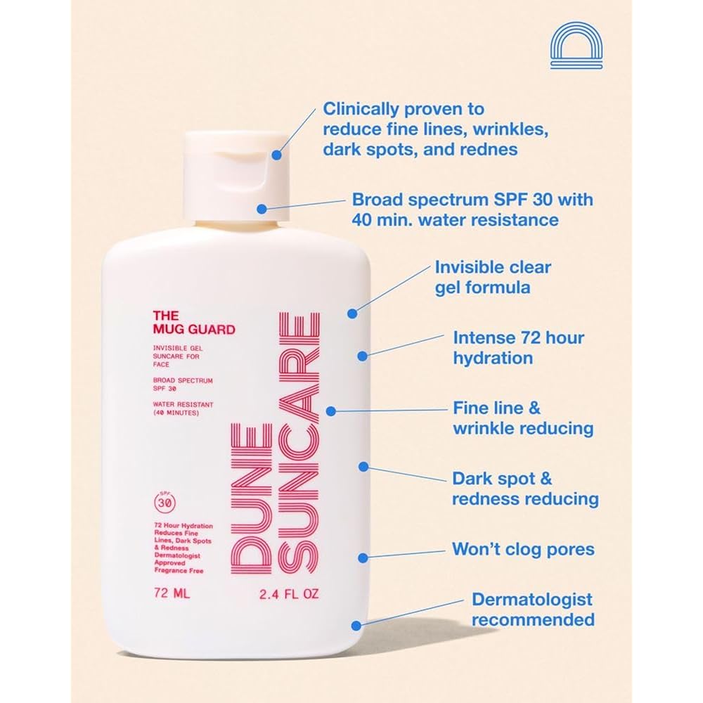 Dune The Mug Guard Face Sunscreen Spf 30, Reef Safe Broad Spectrum For Face, Invisible Gel Sunscreen, Fragrance Free & Non Greasy Daily Facial Sunscreen, 72 Hour Hydration, Water Resistant, 2.4 Fl Oz