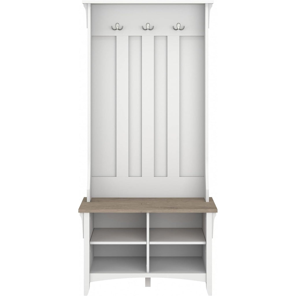 Bush Home Salinas Hall Tree With Shoe Storage Bench In Shiplap Gray And Pure White, Multi-Purpose Home Organizer, Entryway Solution With Seating And Hooks