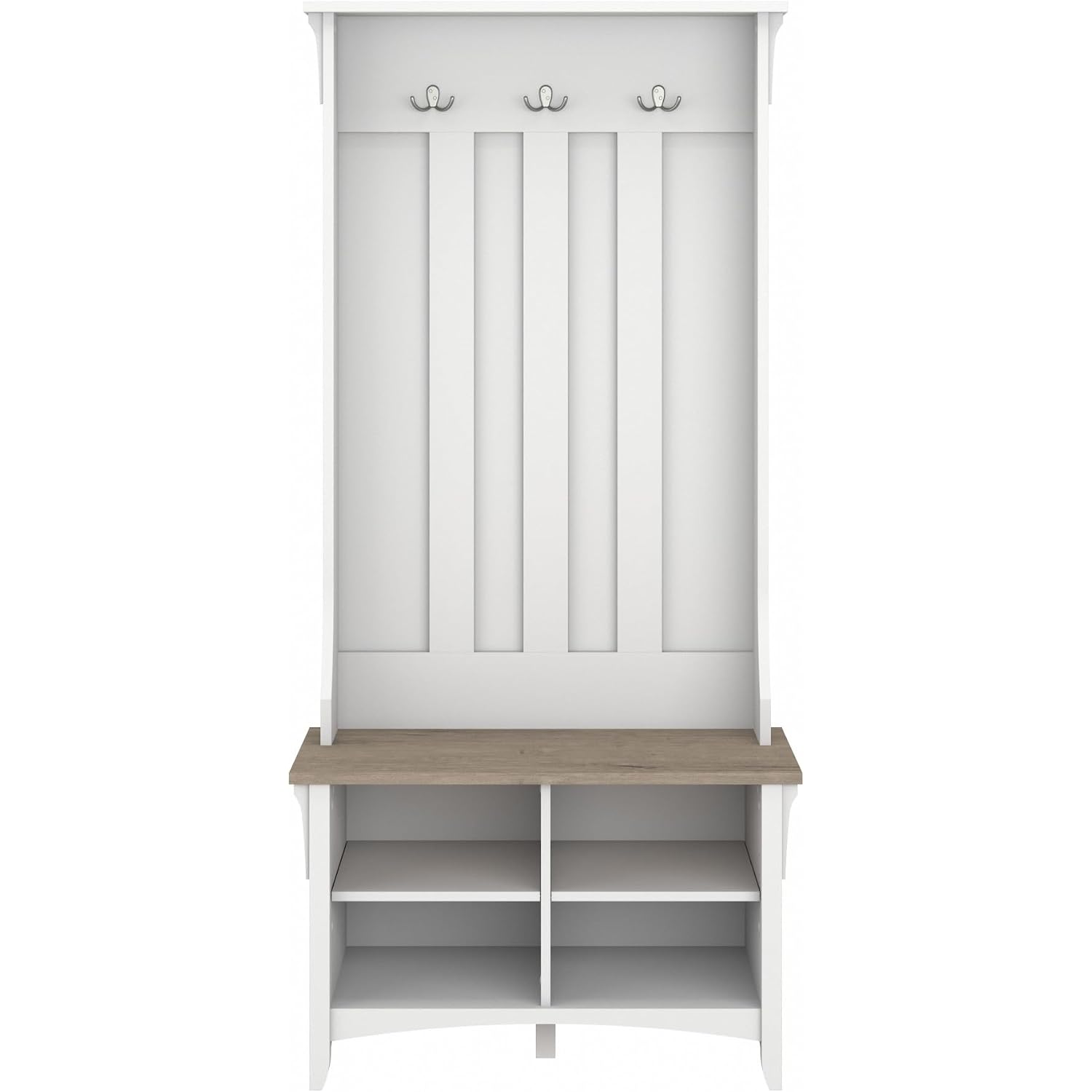 Bush Home Salinas Hall Tree With Shoe Storage Bench In Shiplap Gray And Pure White, Multi-Purpose Home Organizer, Entryway Solution With Seating And Hooks