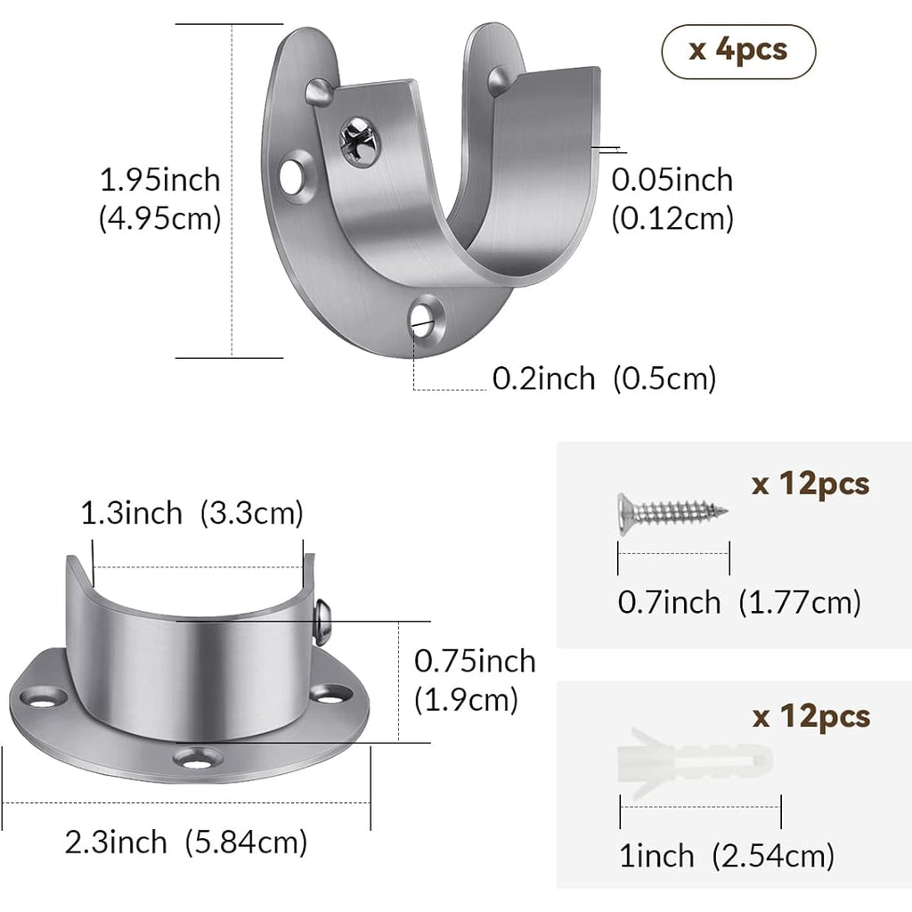4 Packs Stainless Steel Wardrobe Bracket U-Shaped Rod Socket Flange 1-1/4" Diameter Heavy Duty Closet Rod Brackets End Supports For Closet Rod With Screws (Silver)