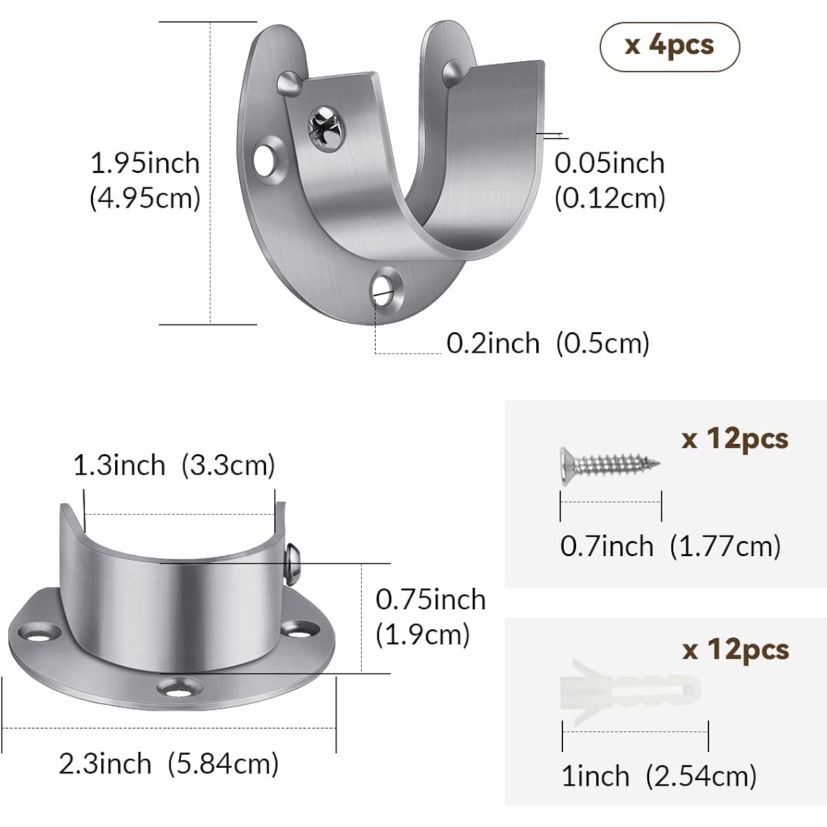 4 Packs Stainless Steel Wardrobe Bracket U-Shaped Rod Socket Flange 1-1/4" Diameter Heavy Duty Closet Rod Brackets End Supports For Closet Rod With Screws (Silver)
