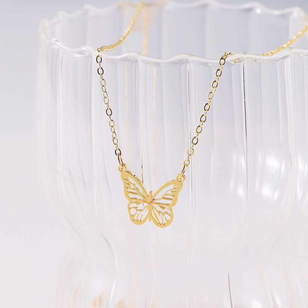 14K Gold Plated Dainty Pendant Butterfly Bead Boot Bee Baseball Flower Compass Airplane Heart Hummingbird Tree Necklace Simple Jewelry Gift for Women