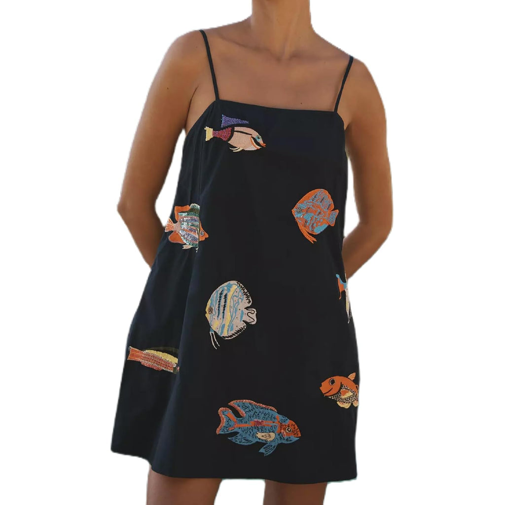 Nufiwi Women Boho Graffiti Cami Mini Dress Spaghetti Strap Printed A Line Short Dress Cute Colorful Sundress