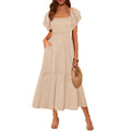 Mascomoda Womens Summer Casual Midi Dress Square Neck Ruffle Short Sleeve Smocked High Waist A Line Wedding Guest Dresses