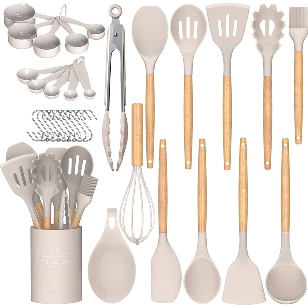 Umite Chef Kitchen Cooking Utensils Set, 33 Pcs Non-Stick Silicone Cooking Kitchen Utensils Spatula Set With Holder, Wooden Handle Silicone Kitchen Gadgets Utensil Set (Khaki)