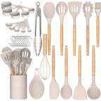 Umite Chef Kitchen Cooking Utensils Set, 33 Pcs Non-Stick Silicone Cooking Kitchen Utensils Spatula Set With Holder, Wooden Handle Silicone Kitchen Gadgets Utensil Set (Khaki)
