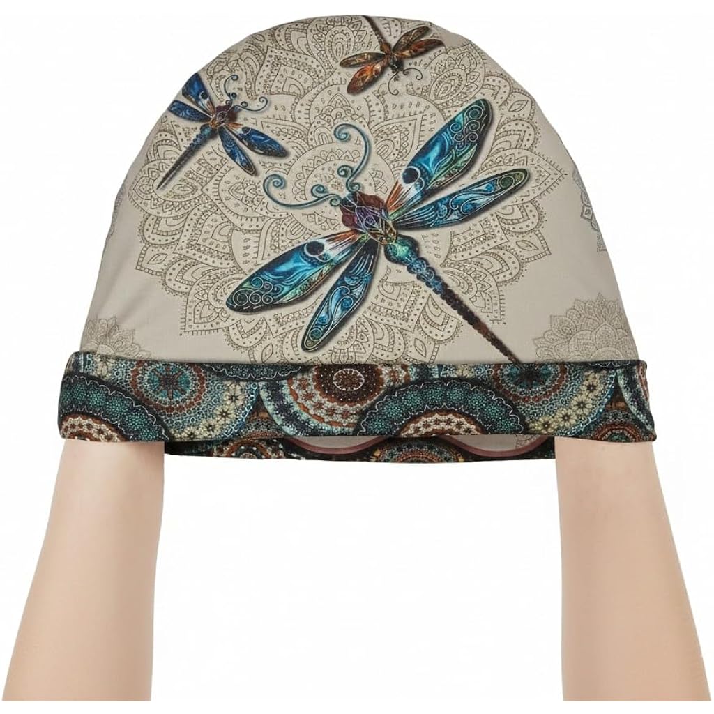 Tenna Teki Women Slouchy Beanie Chemo Hat Cancer Caps for Patient | Autumn Spring Lightweight Comfortable Breathable Beanie for Men Dragonfly Mandala Beige