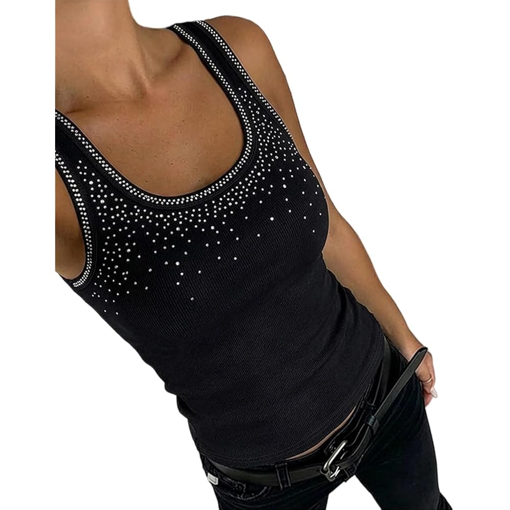 Womens Sleeveless U Neck Tank Top Rhinestone Ribbed Fitted Shirts Cute Summer Going Out Clothes 2026