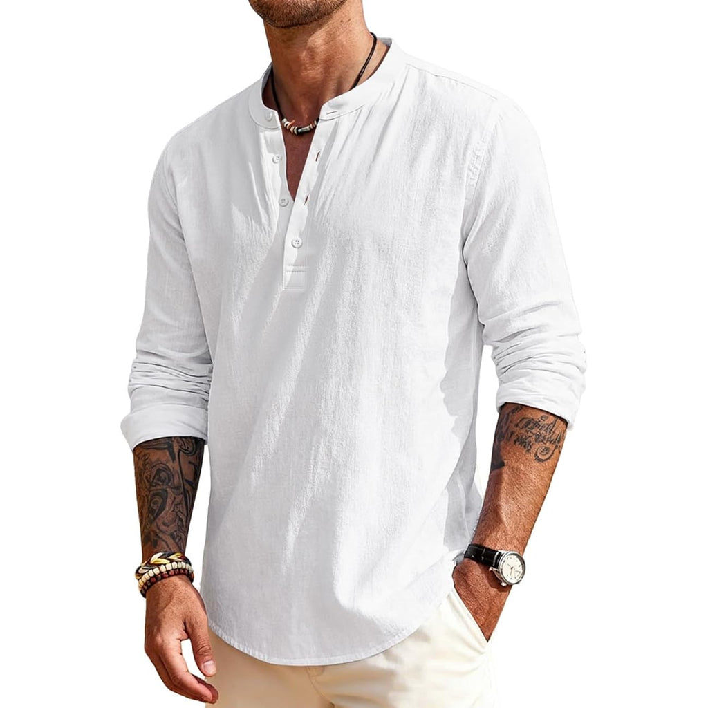 Men'S Linen Shirts Henley T-Shirts Long Sleeve Casual Beach T-Shirts Solid Tops Shirts For Men