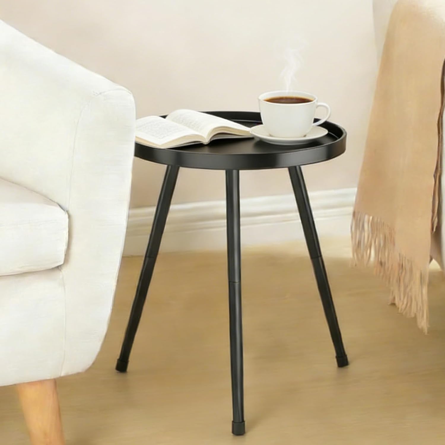 Small Round Side Table Metal End Table Outdoor Black Side Table Mid-Century Modern Accent Table For Office Bedroom Balcony And Small Spaces.