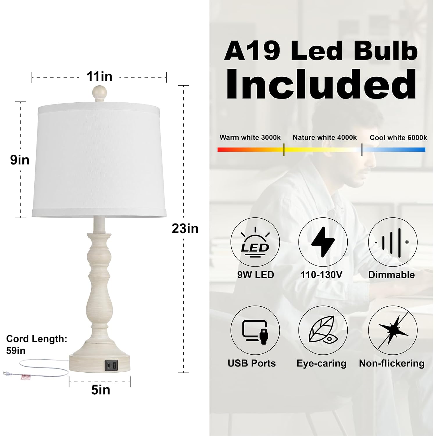 23'' Farmhouse Table Lamps For Living Room Set Of 2 With Usb C+A Ports, Retro Bedside Lamp For Bedroom, Office, Dining Room, Knob Switch, 3 Color Temperatures, Bulb Included, Beige