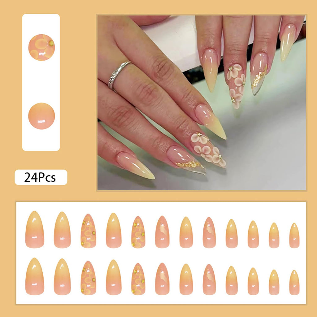 24 Pcs Almond Press on Nails Medium Fake Nails with Glue Artificial False Nails with 3D Flower Charms Design Acrylic Nails Press ons Stiletto Nail Tips Summer Glue on Nails Stick on Nails for Women