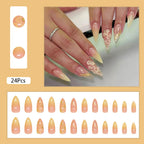 24 Pcs Almond Press on Nails Medium Fake Nails with Glue Artificial False Nails with 3D Flower Charms Design Acrylic Nails Press ons Stiletto Nail Tips Summer Glue on Nails Stick on Nails for Women