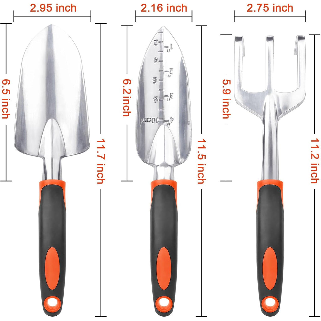 Garden Tools Set, 3 Pack Heavy Duty Gardening Tools Set Include Garden Shovel, Transplant Trowel And Hand Rake With Ergonomic Handle, Aluminum Alloy Lawn For Planting, Orange