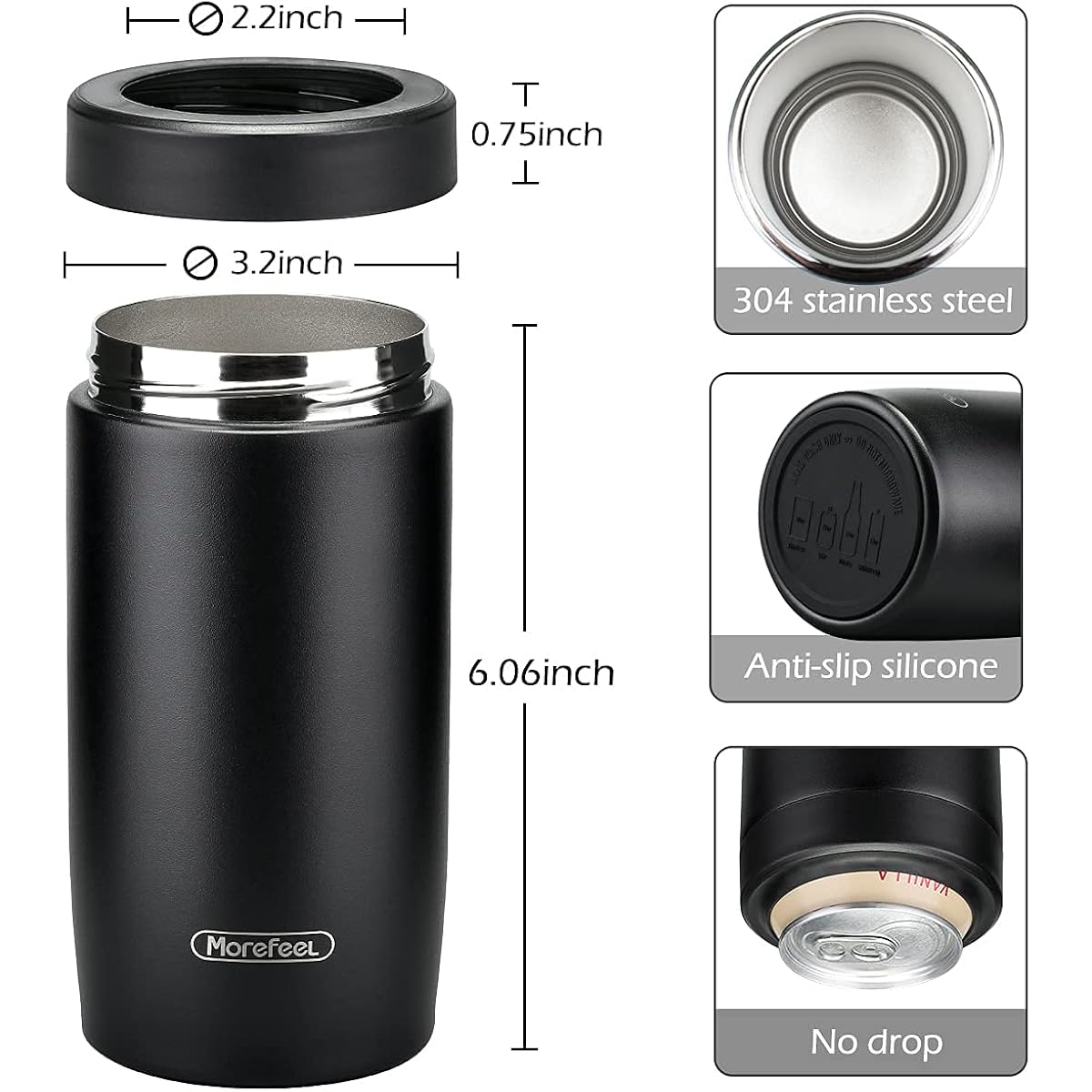 Morefeel 4-In-1 Insulated Can Cooler For 12 Oz Cans & Bottles | 304 Stainless Steel Can Holder Fits 12 Oz Slim Cans, Standard Cans, Beer Bottles & Works As A Open Cup; Dishwasher Safe