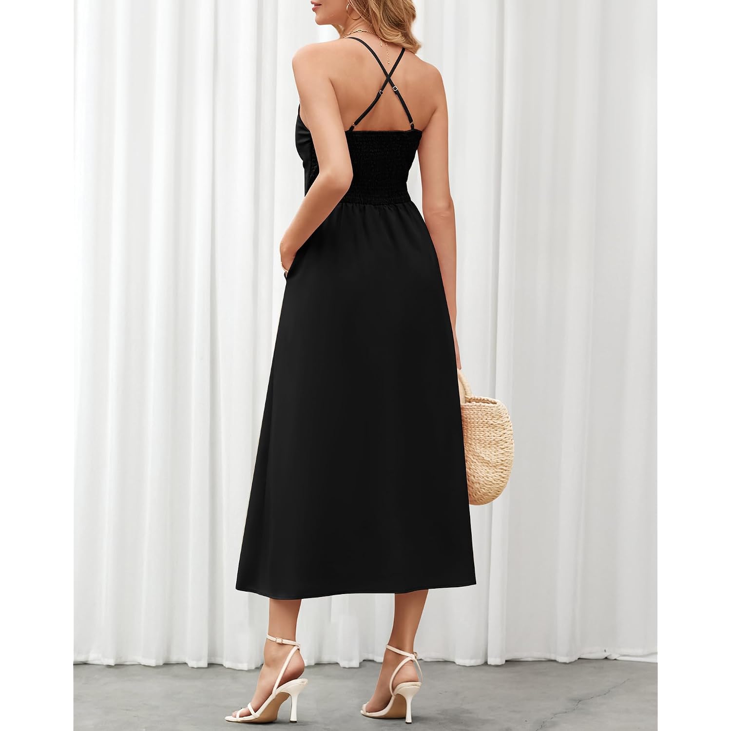 Btfbm Women 2026 Spaghetti Strap Midi Summer Dresses Sleeveless V Neck Cutout Slit Casual Beach Party Maxi Dress Pockets