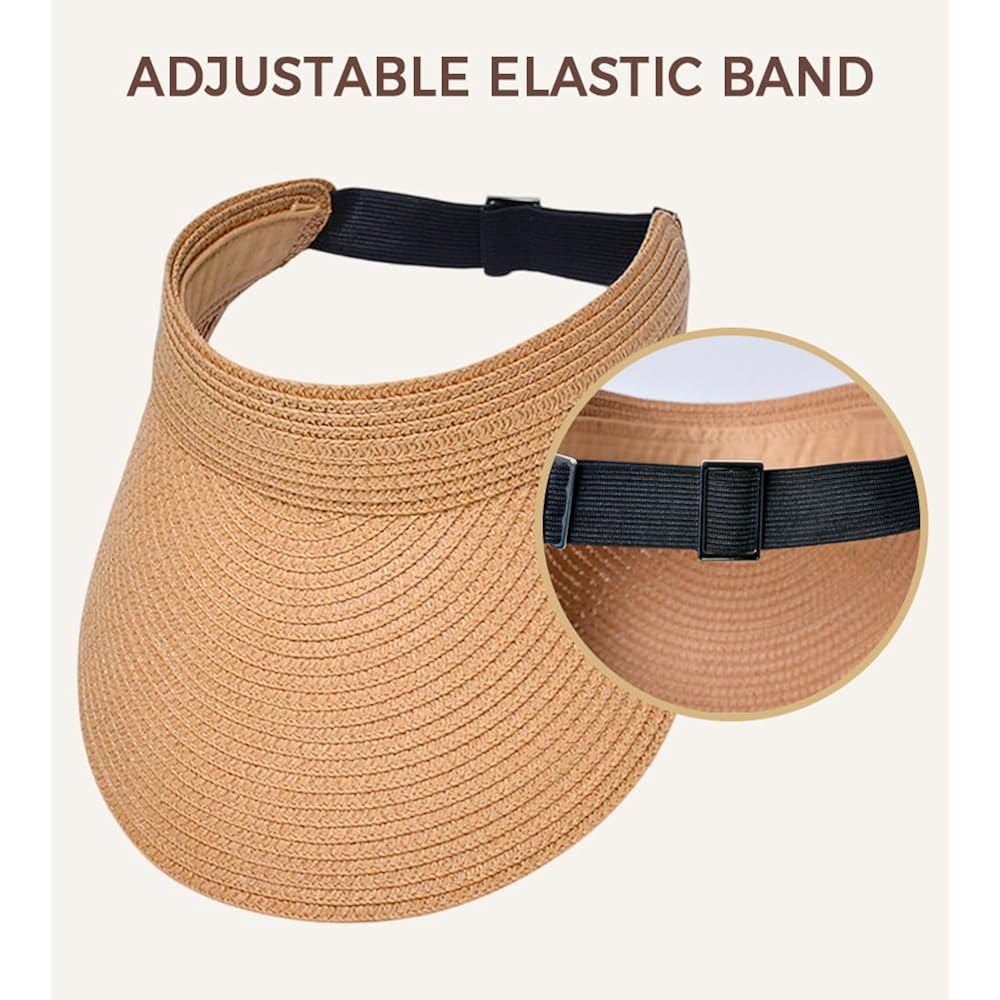 Sun Visor Hat for Women Summer Travel Vacation Foldable Wide Brim Straw Ponytail Beach Hat Outdoor UV Protection Cap Beige
