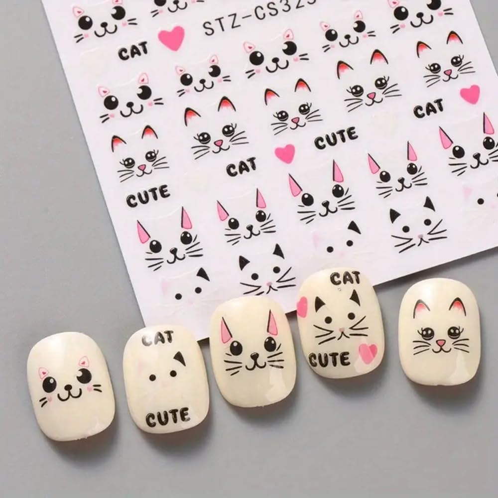 4 Sheets Cute Pink Cat Nail Art Stickers Set - 3D Cartoon Kitten Graffiti Nail Decals for DIY Manicure, Self-Adhesive Nail Decal Nail Art Supplies Manicure Sliders, Perfect for Girls' Nail Care