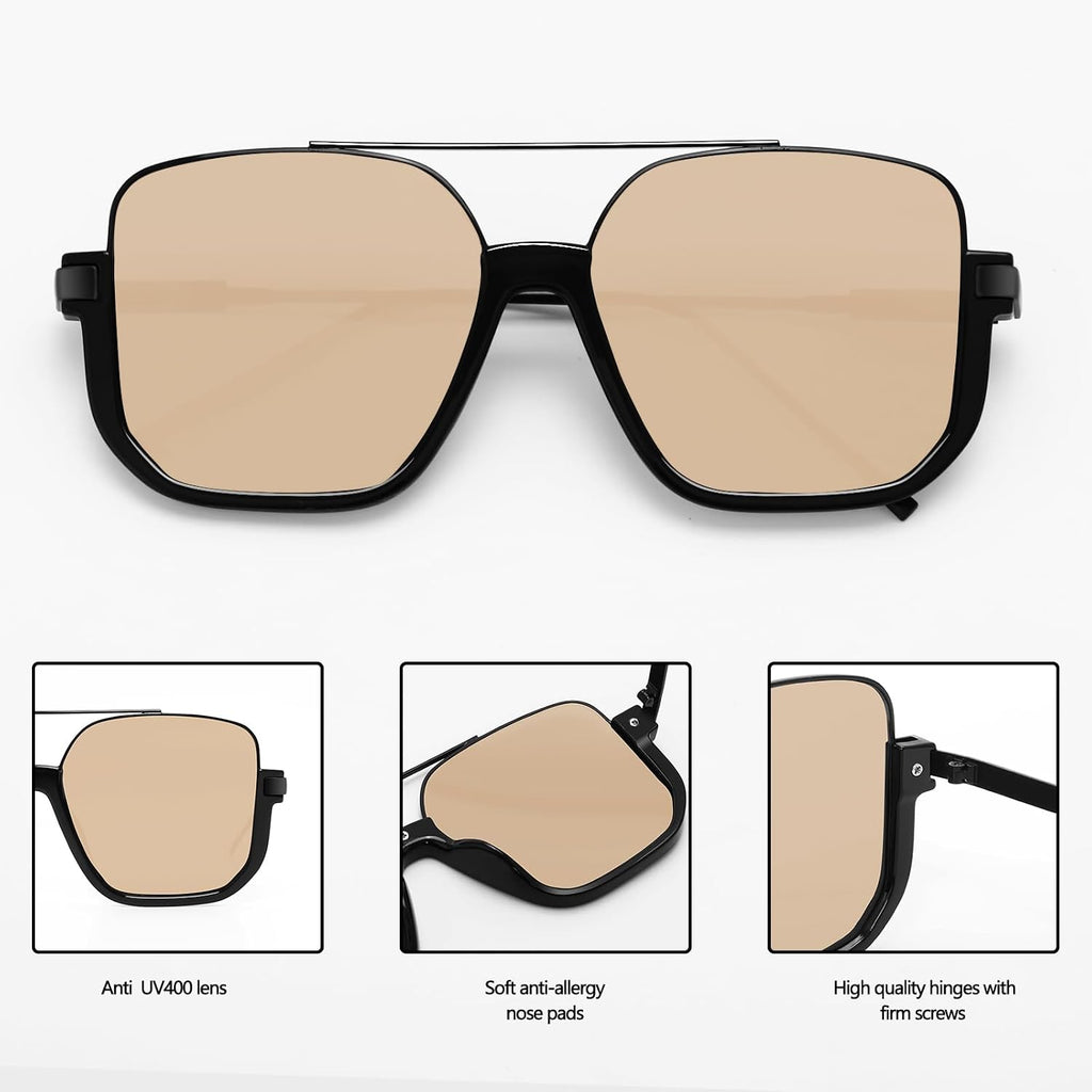 GUVIVI Retro Oversized Aviator Sunglasses for Women Men Square Double Bridge Pilot Sun Glasses 70s Trendy Shades Black Frame - Light Brown Lens