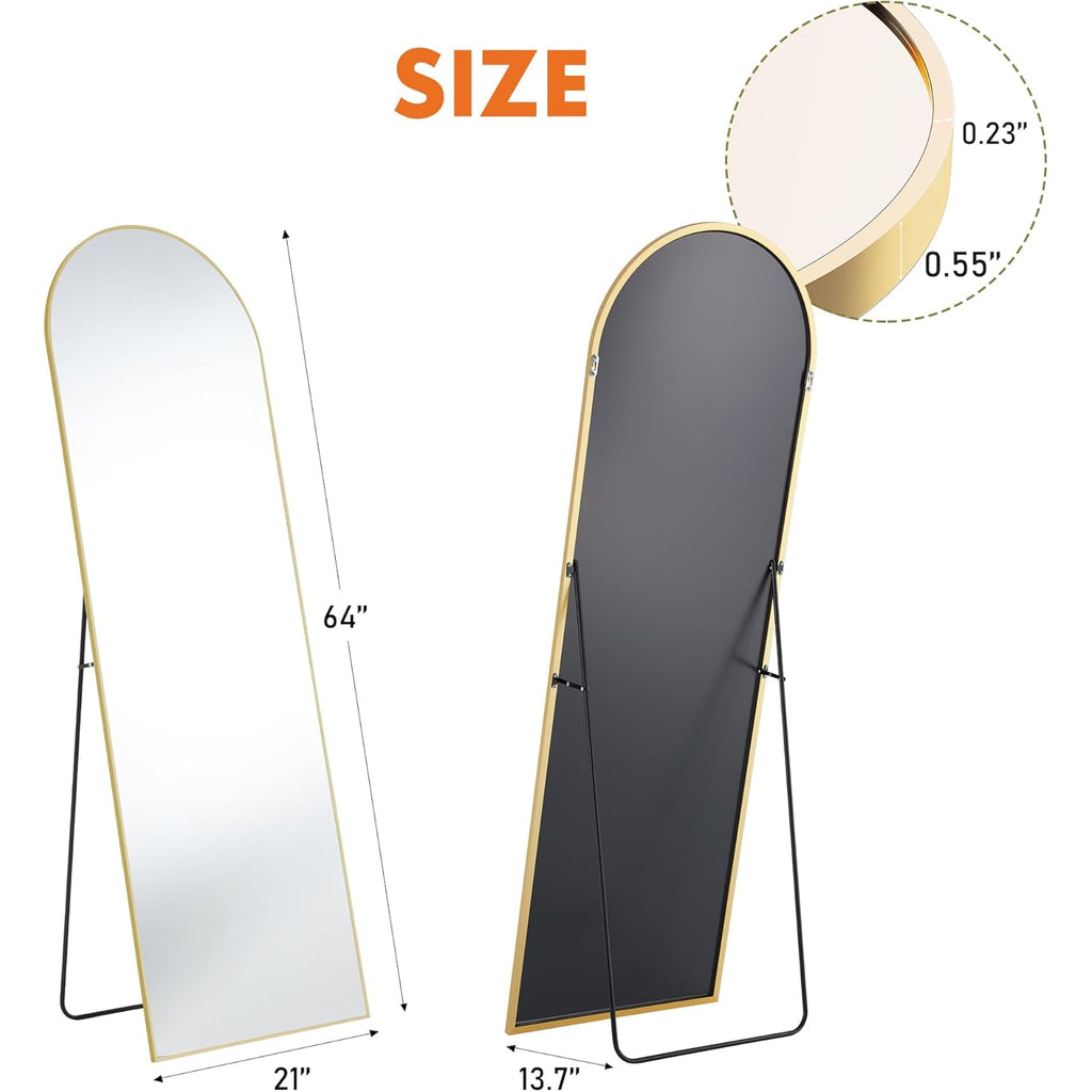 Sweetcrispy 64"x21" Arched Full Length Mirror, Leaning or Standing Full Body Mirror with Aluminum Alloy Thin Frame, Suitable for Bedroom or Cloakroom,Gold
