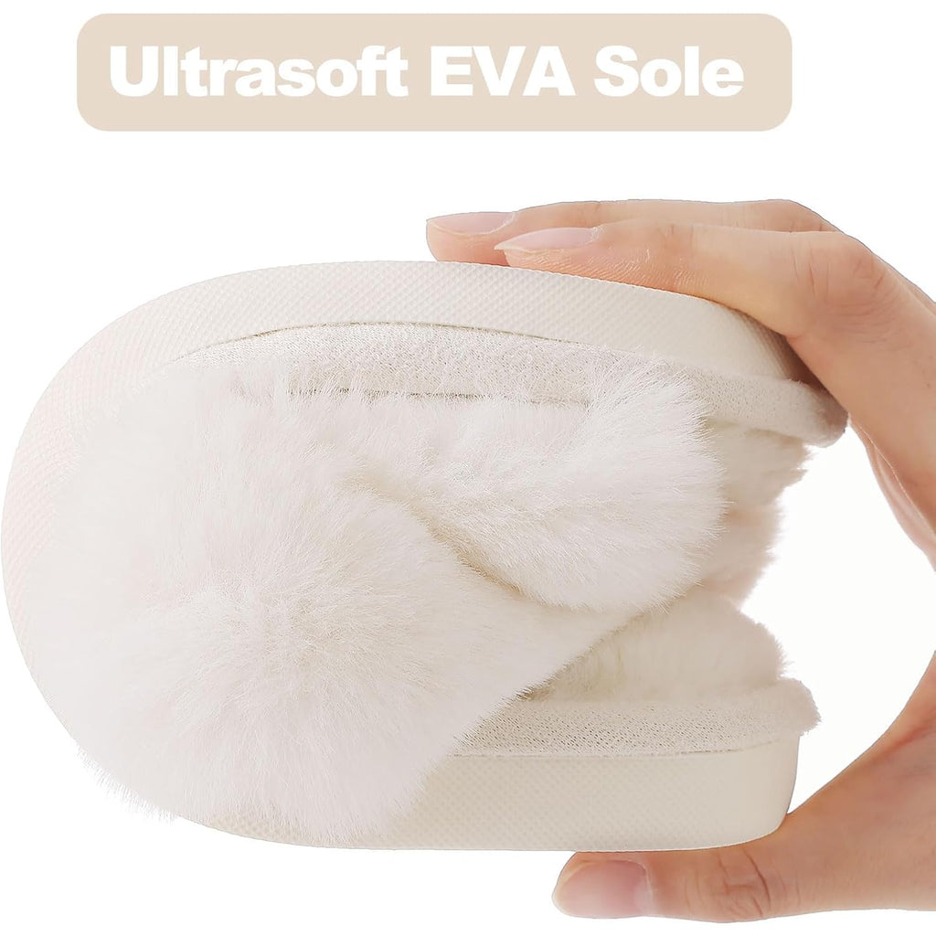 Evshine Memory Foam Fuzzy House Slippers For Women | Faux Fur Cross Band Open Toe Indoor Slippers, Gifts For Women, Moms And Bridesmaids