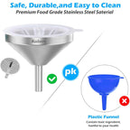 Kalave Premium Stainless Steel Funnel, 5 Inch Food Grade Kitchen Funnels With 200 Mesh Food Filter Strainer For Filling Bottles, Oils, Juice, Wine, Coffee, Milk