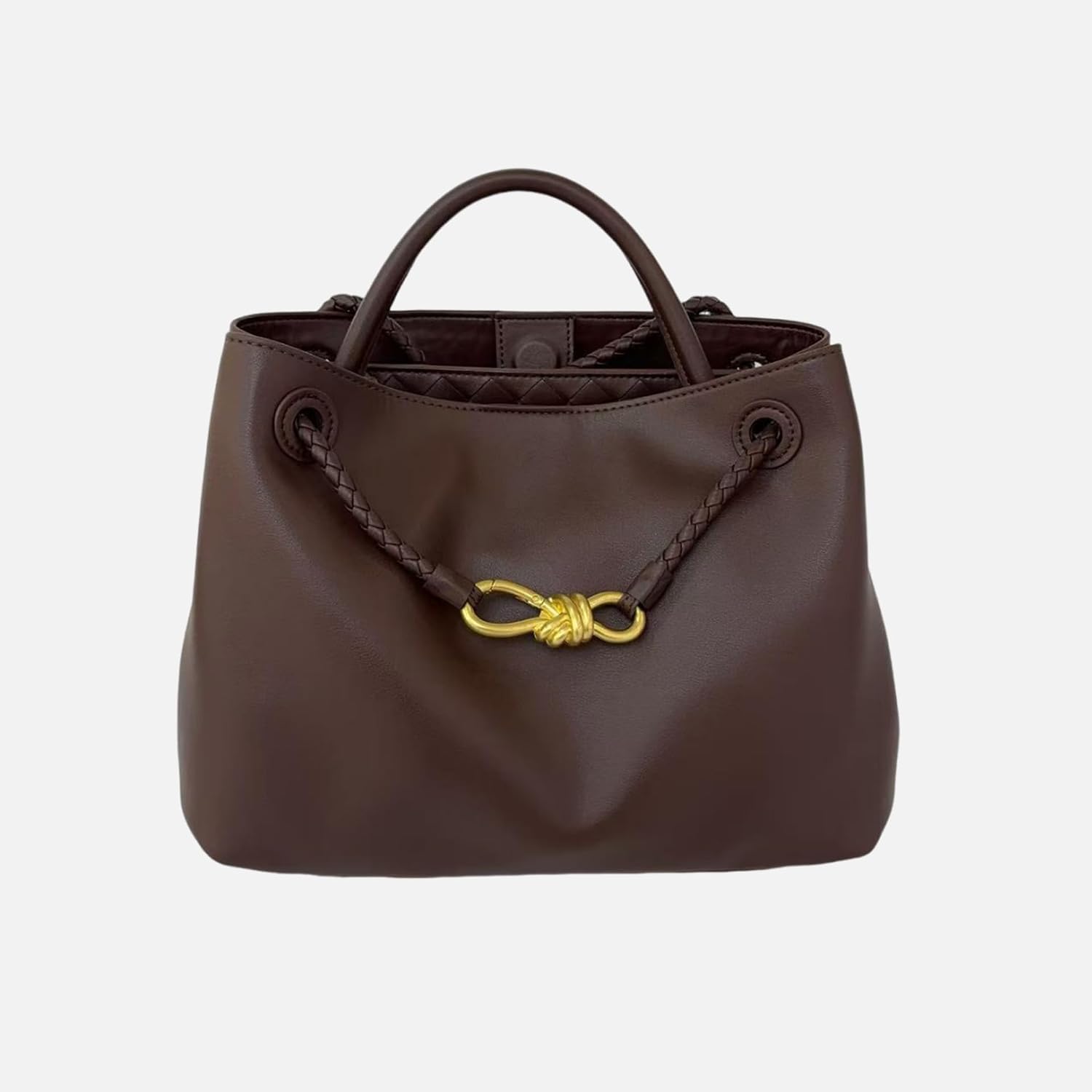 Minimalist Luxury Top Grain Leather Tote Bag,Designer Style, Woven Shoulder Strap Bow Metal Hardware Annual New