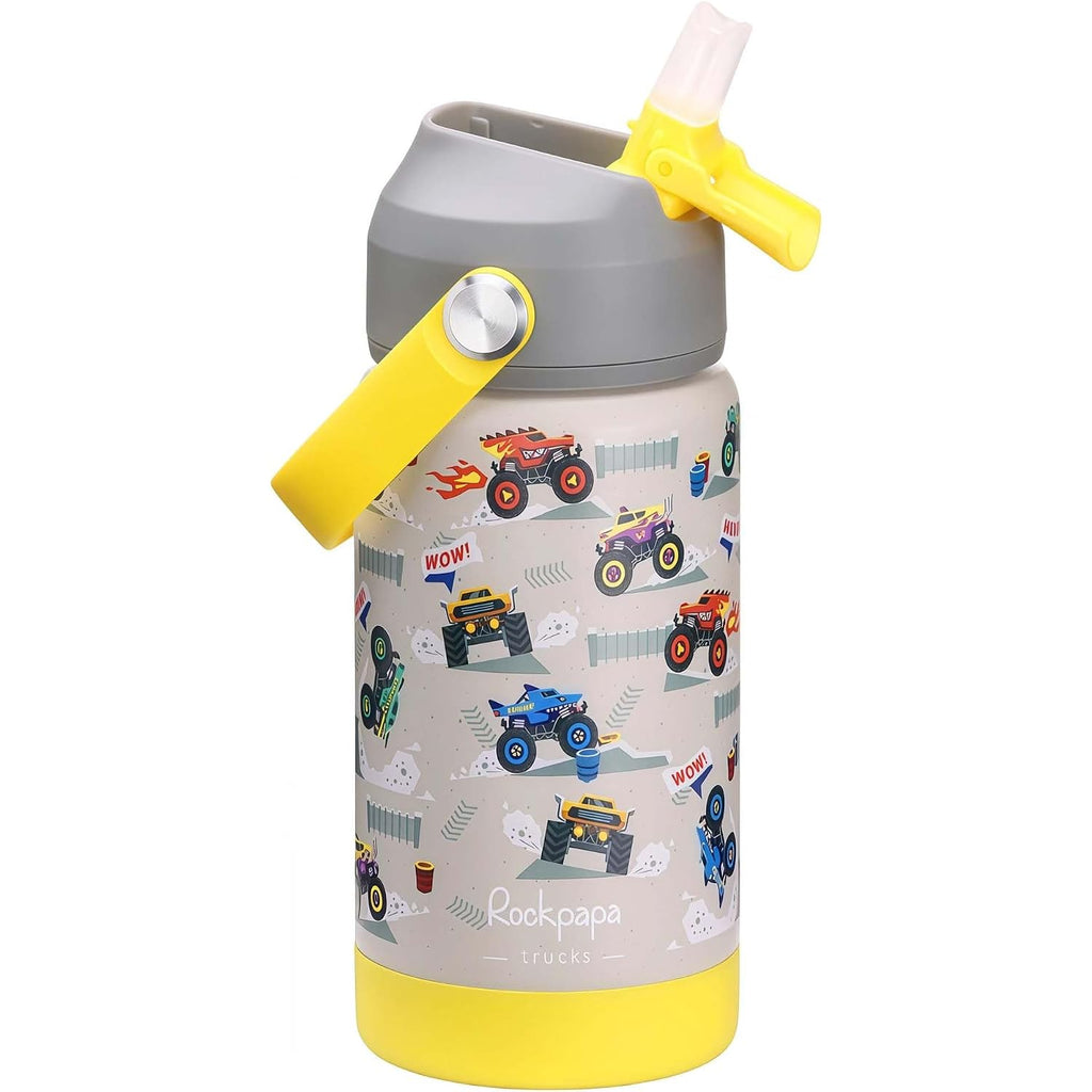Rockpapa 14 Oz Kids Insulated Water Bottle，Stainless Steel Toddler Cups With Straws, Bpa Free, Leak-Proof, Kids Water Bottle For School Boys& Girls (Grey Trucks)