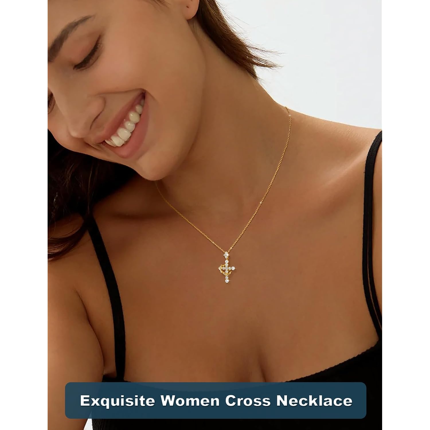 YIMERAIRE Upgraded Moissanite Crown Cross Necklace 14K Gold Vermeil 1.1 Carats Dainty Iced Out Easter Basket Stuffer Cross Jewelry S925 Sterling Silver Simple Gold Christian Faith Moissanite Cross Pendant Necklace For Women