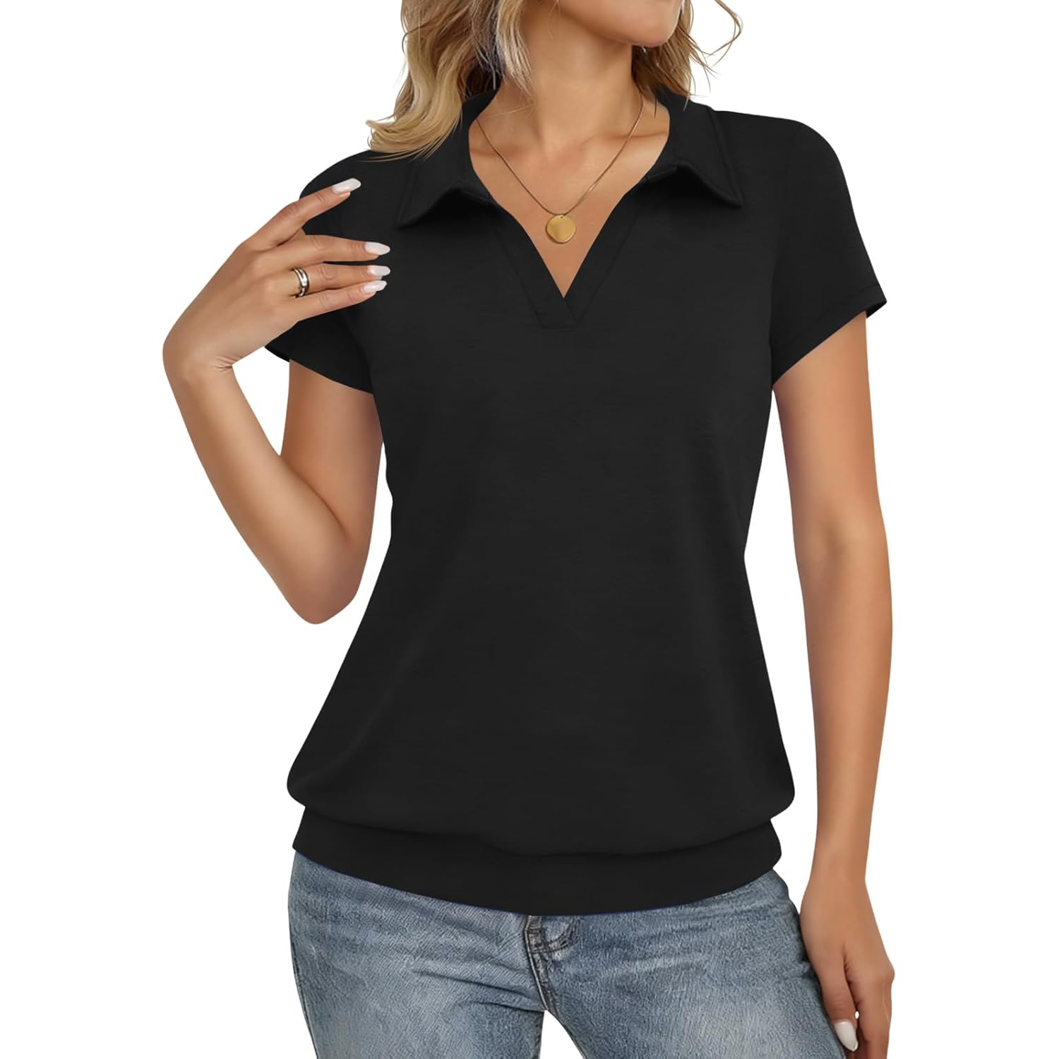 Short Sleeve Polo Shirts for Women Tennis Golf Shirt Business Casual Loose Collared V Neck Top Blouses