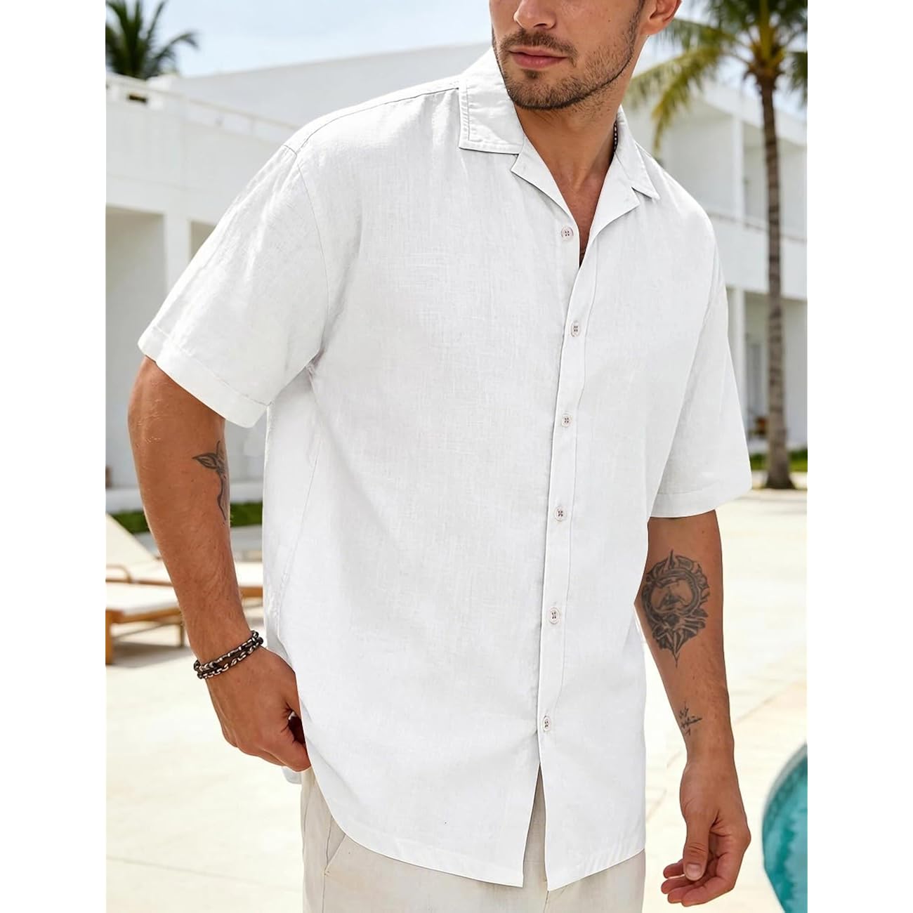 Mens Cotton Linen Shirt Casual Lightweight Button Down Shirt Short Sleeve Summer Beach Vacation Tops