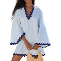 Vaoyiu Women'S Boho Striped V-Neck Dress Flowy Bell Sleeves Cover Up With Wavy Trim Beach Resort Kaftan Style