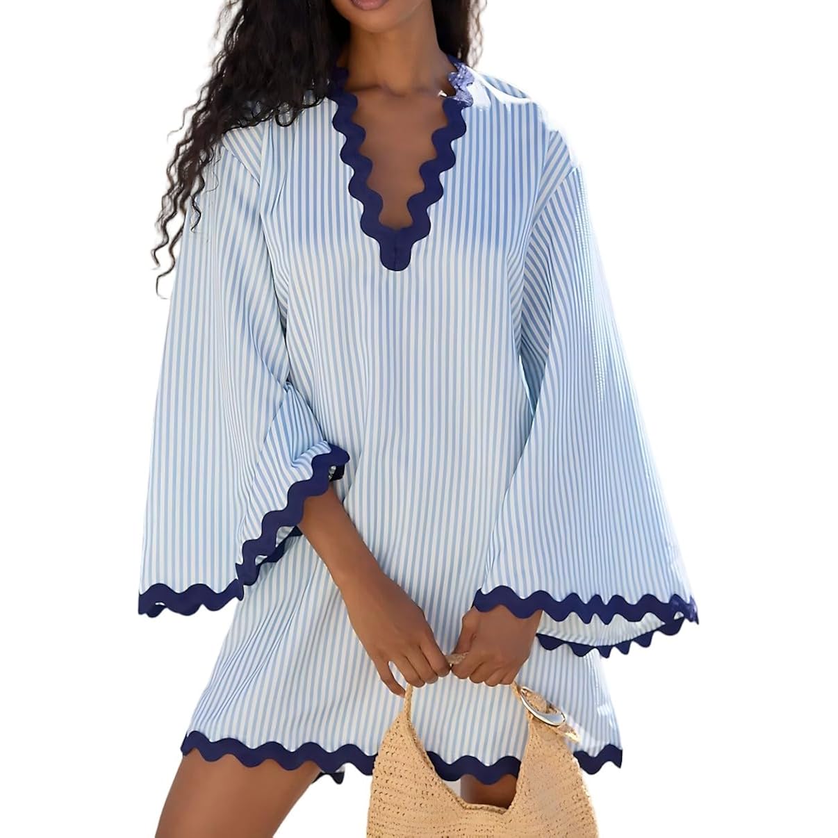 Vaoyiu Women'S Boho Striped V-Neck Dress Flowy Bell Sleeves Cover Up With Wavy Trim Beach Resort Kaftan Style