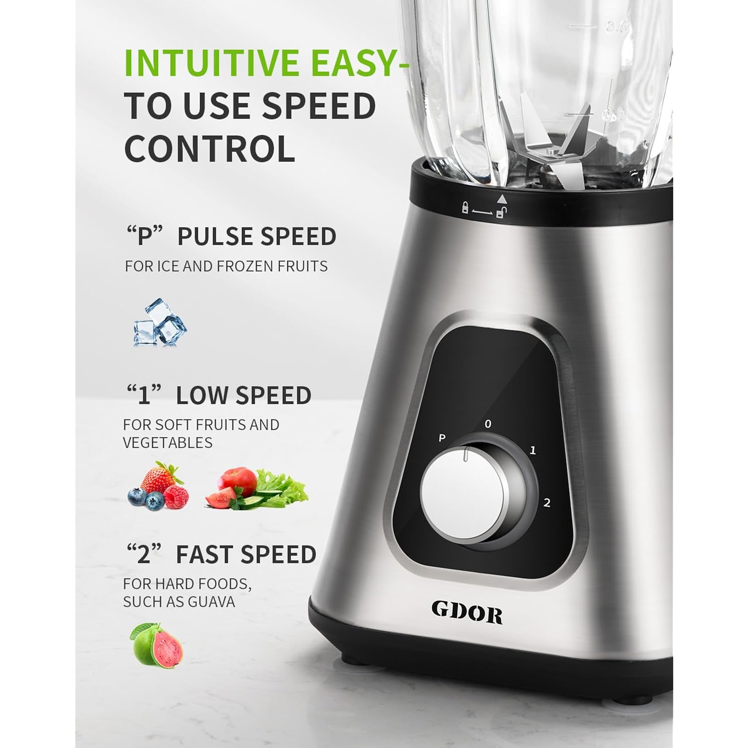 Gdor 1200W Blender For Smoothies And Shakes, 52 Oz Glass Jar & 22 Oz To-Go Cup Combo, Countertop Blender With 6-Leaf Blade, 3 Adjustable Speed For Juices, Frozen Fruit Drinks, Sauces, Self-Cleaning