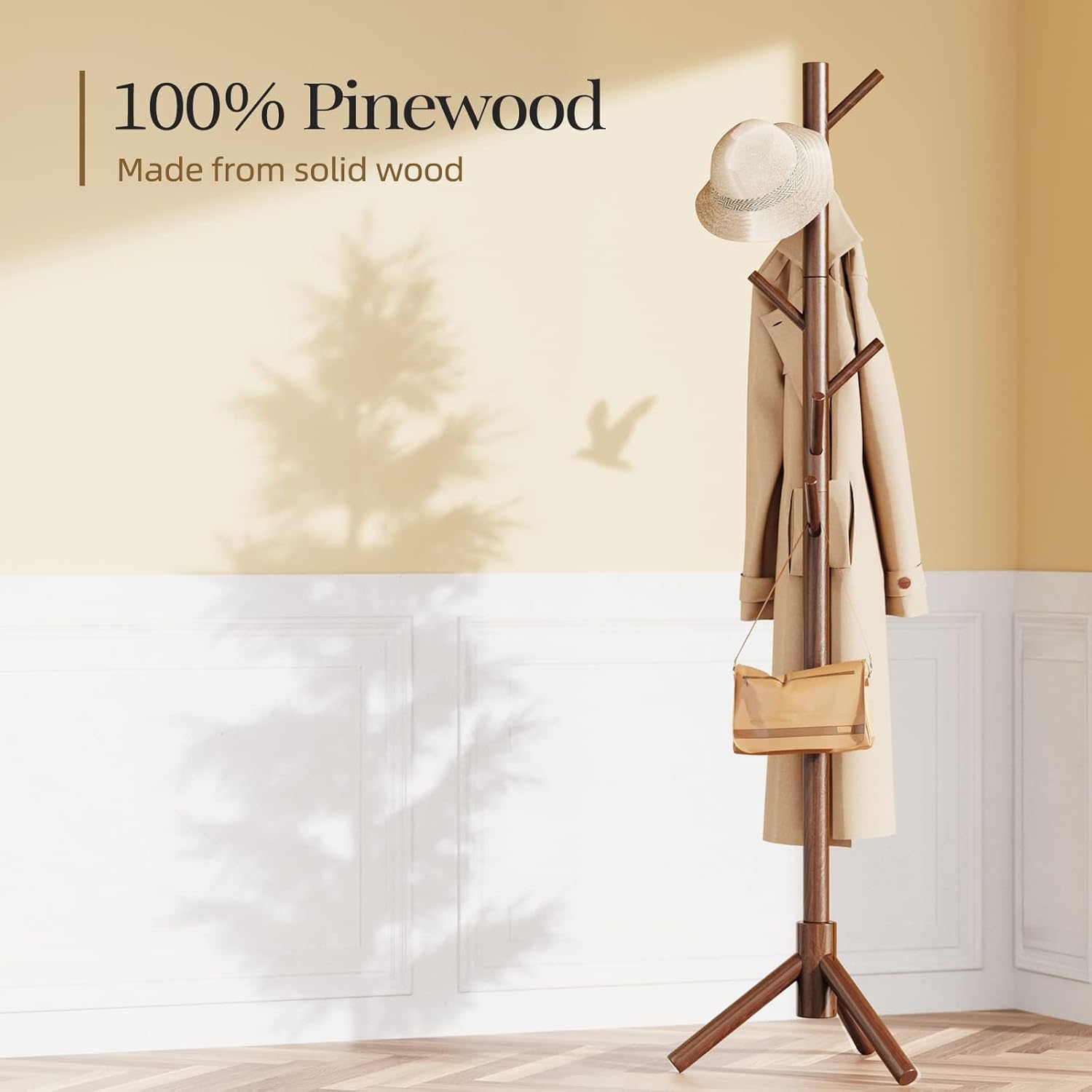 Pipishell Solid Wooden Coat Rack Freestanding, Hall Tree with 8 Hooks, 3 Height Options for Coats, Hats, Handbags, and Scarves, Tool-Free Assembly, Space Saving Design for Entryway, Office, Bedroom