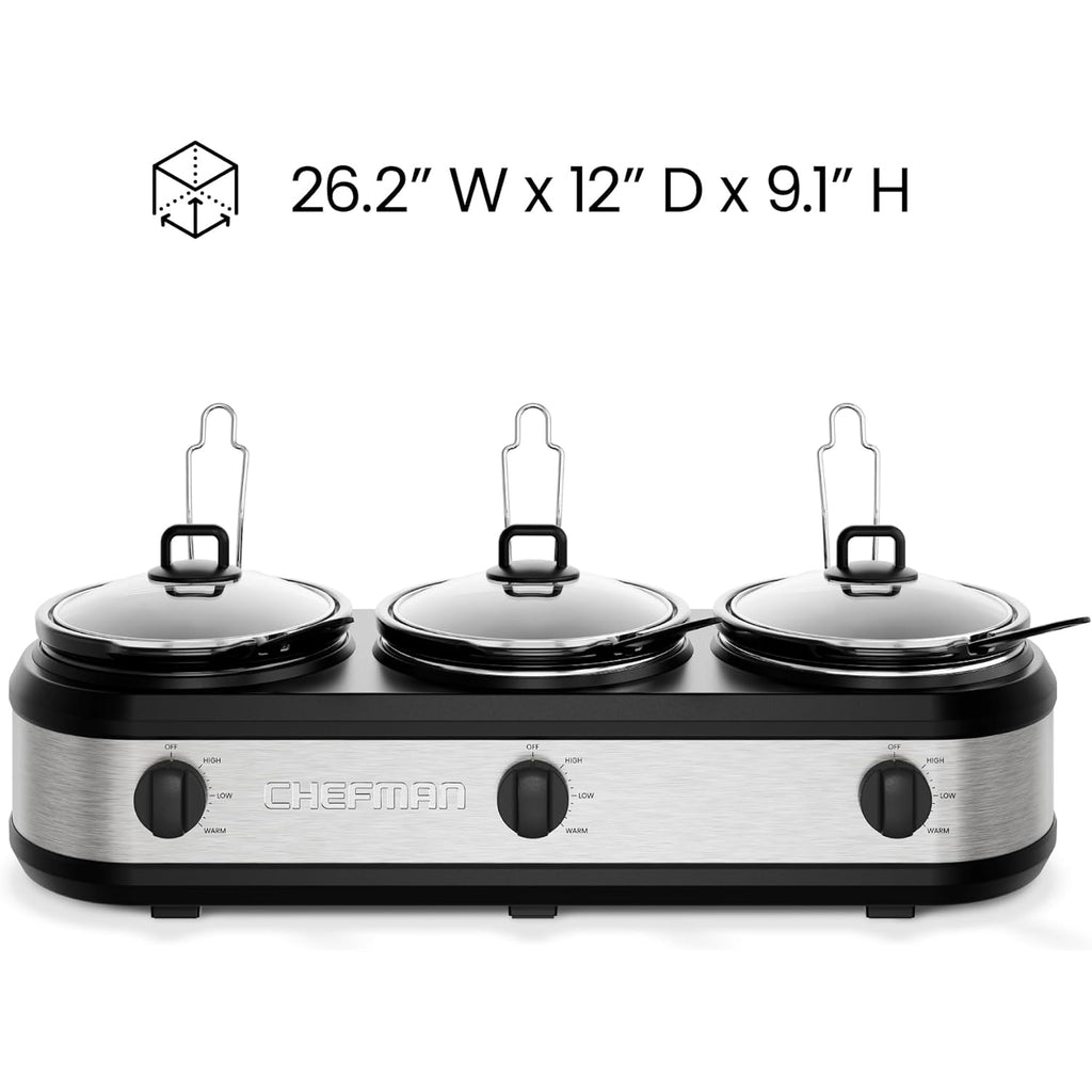 Chefman Triple Slow Cooker & Food Warmer, Three Crock Slowcooker with 2.5 Qt. Ceramic Crocks, 7.5-Quart Total Capacity, PFAS-Free, Three Temperature Settings, Dishwasher-Safe Parts – Stainless Steel