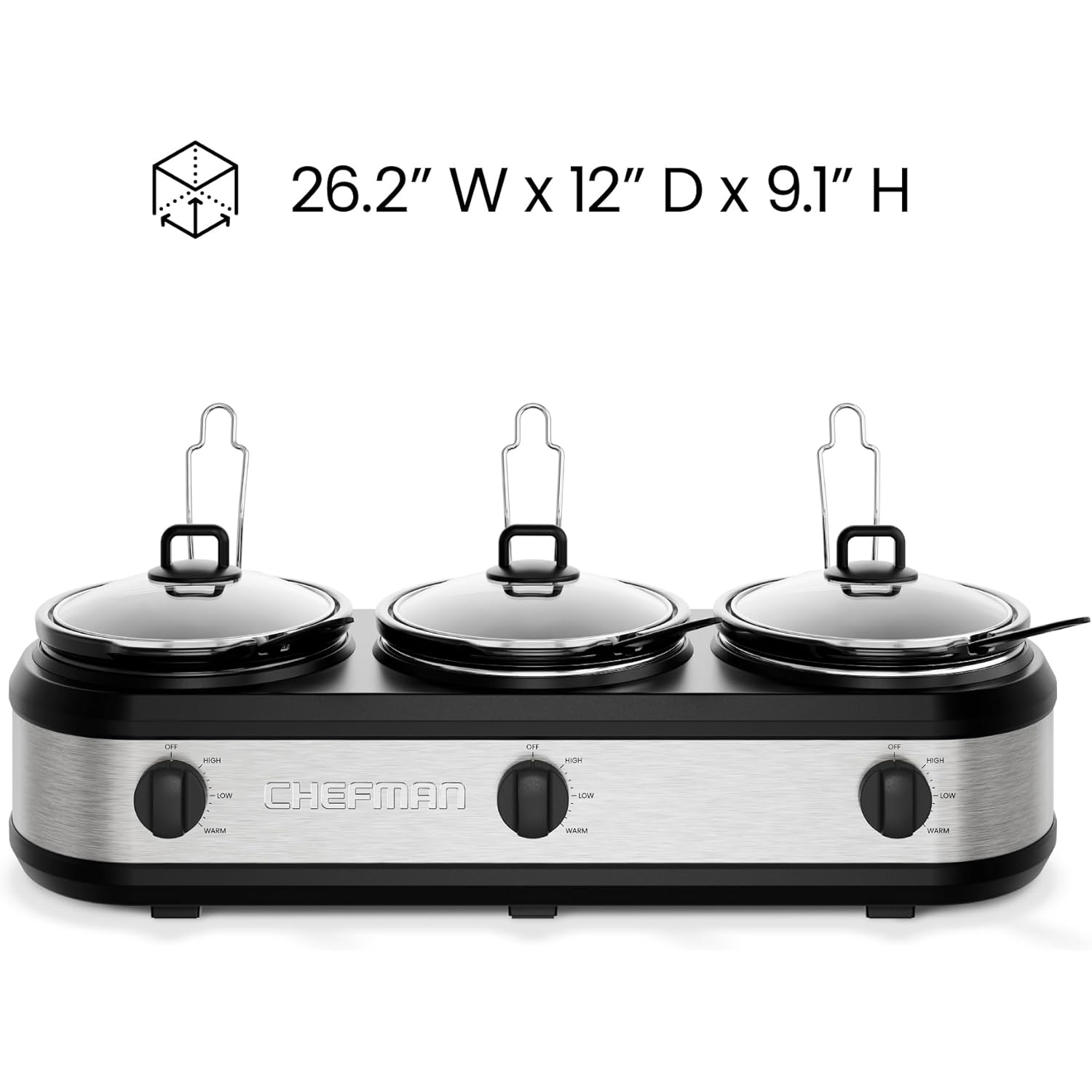 Chefman Triple Slow Cooker & Food Warmer, Three Crock Slowcooker with 2.5 Qt. Ceramic Crocks, 7.5-Quart Total Capacity, PFAS-Free, Three Temperature Settings, Dishwasher-Safe Parts – Stainless Steel