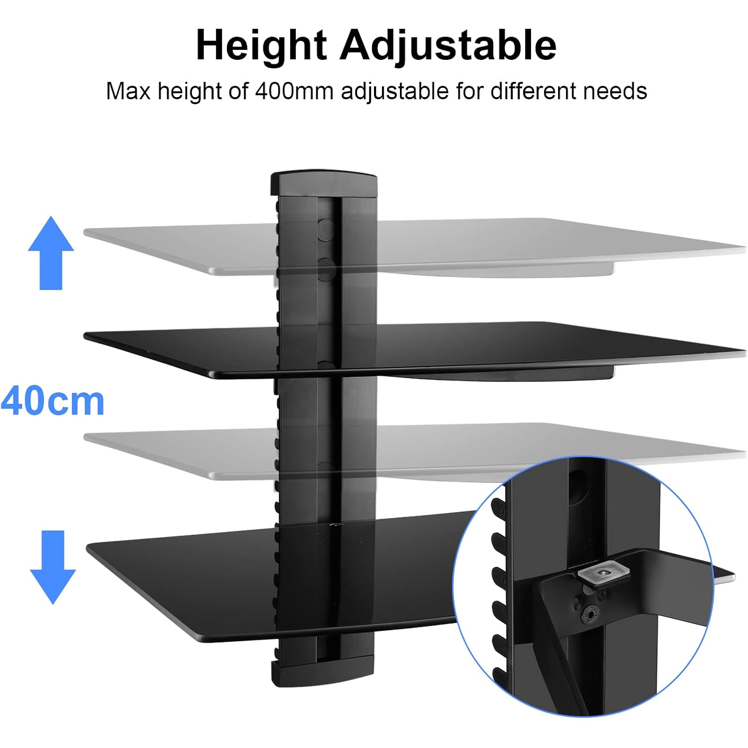 Suptek Glass Floating Shelves, Tv Wall Mount With Shelf For Dvd Player / Ps4 / Cable Boxes/Game Consoles/Sky Box/Tv Accessories, Flat Black 2-Tier Wall Mount Bracket
