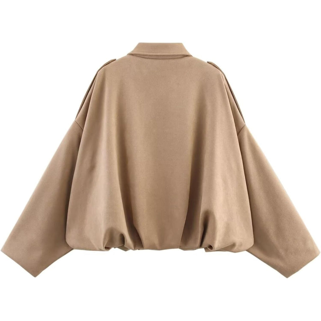 Women'S Faux Suede Bomber Jacket Spring Lapel Pilot Coat Casual Oversized Long Sleeves Trendy Streetwear Outerwear