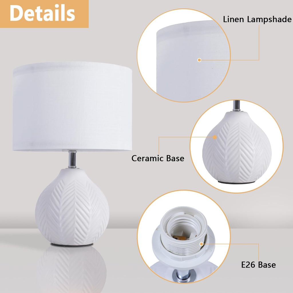 Sottae 12'' White Ceramic Table Lamp, Leaf Patterned Ceramic Desk Lamp Small Bedside Lamp With Linen Shade, Mid Century Modern Nightstand Lamp For Bedroom Living Room Reading Room