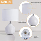 Sottae 12'' White Ceramic Table Lamp, Leaf Patterned Ceramic Desk Lamp Small Bedside Lamp With Linen Shade, Mid Century Modern Nightstand Lamp For Bedroom Living Room Reading Room