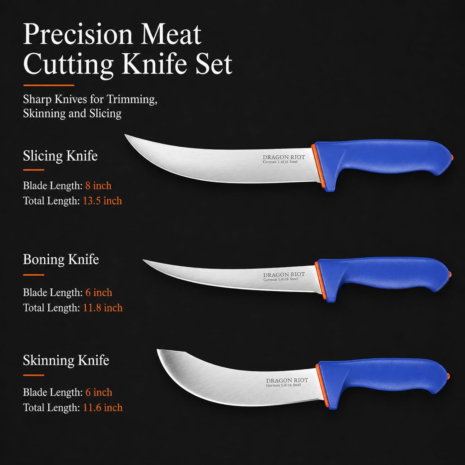 Dragon Riot 3 Pcs Butcher Knife Set, Stainless Steel Boning & Carving Knives, Sharp Kitchen Cutlery For Meat Cutting Trimming, Perfect For Home Kitchen, Outdoor Camping Bbq & Holiday Gift