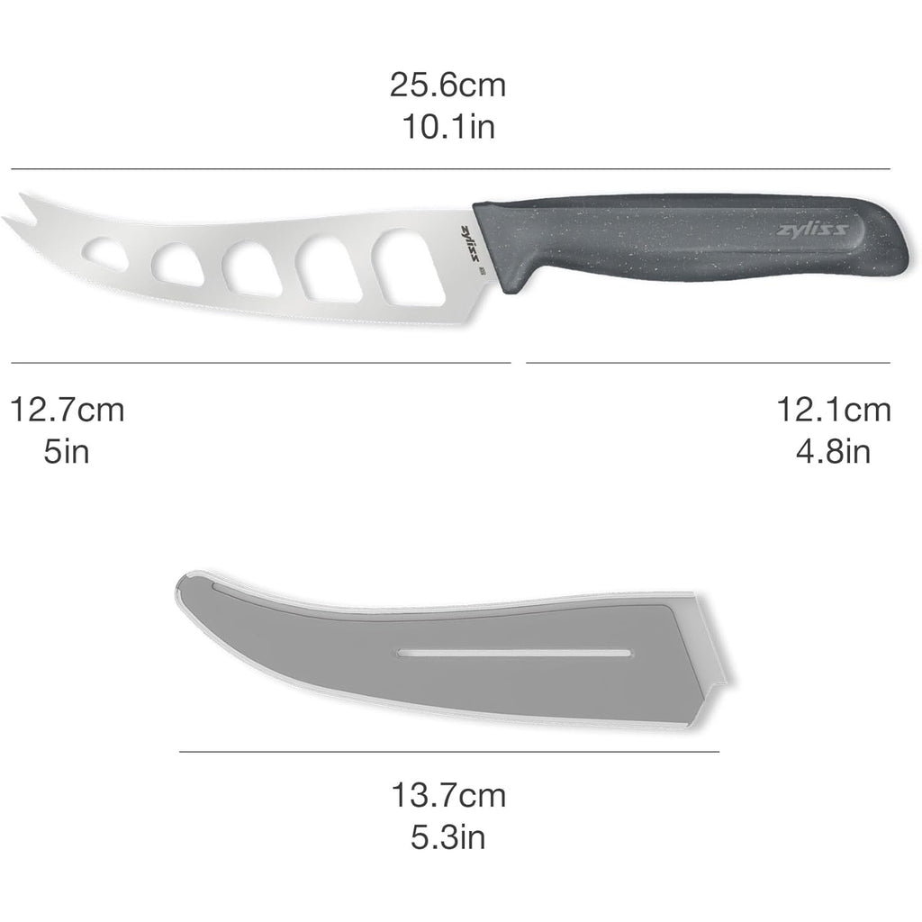 Zyliss Cheese Knife – Stainless Steel Blade with Non-Stick Holes & Forked Tip for Serving – Cuts Soft, Semi-Soft & Firm Cheeses – Wheat Straw Handle, Dishwasher Safe, 5-Year Guarantee – 5"