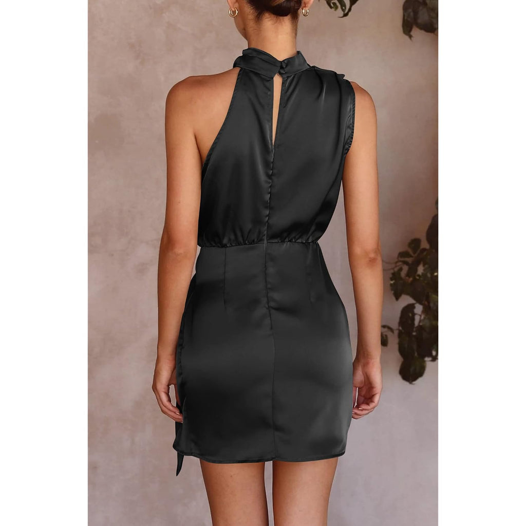 Prettygarden Women'S Short Formal Satin Dress Summer Sleeveless Mock Neck Tie Waist Cocktail Party Dresses