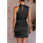 Prettygarden Women'S Short Formal Satin Dress Summer Sleeveless Mock Neck Tie Waist Cocktail Party Dresses