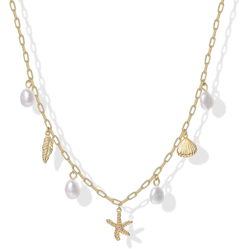 PAVOI 14K Gold Plated Beach Charm Necklace for Women - Dainty Paperclip Chain Trendy Beachy Multi Charm Necklace - Gold Ocean Summer Jewelry with Freshwater Pearl, Sea Shell, Starfish